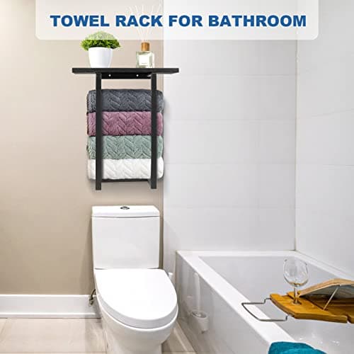 Towel Racks for Bathroom Wall Mounted, Metal Towel Holders with Black Wooden Shelf, Rolled Bath Towel and Hand Towels Holder Storage and Organization for Bathroom, Rv, Camper 7