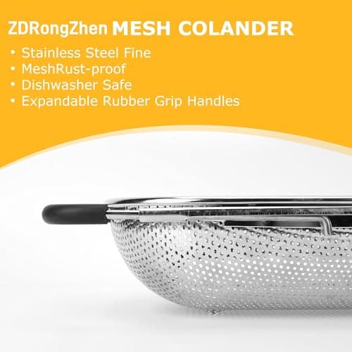 ZDRongZhen Kitchen Accessories Over the Sink Colander Strainer Basket，Stainless Steel Colander with Expandable Rubber Grip Sink Drainer-Rinse Vegetables Fruits &Strain&Drain (Large-Dense round hole) 5