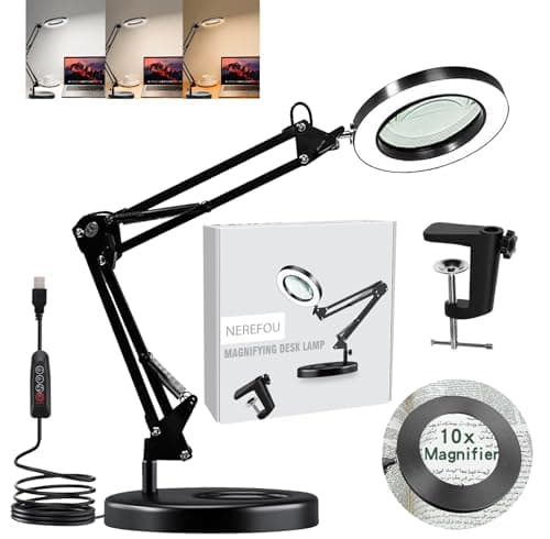 Nerefou 10X Magnifying Lamp with Light and Stand, 2-in-1 Desk Lamp with Clamp, 3 Color Modes, Close Work Magnifying Glasses (1st Generation Base & Clamp)