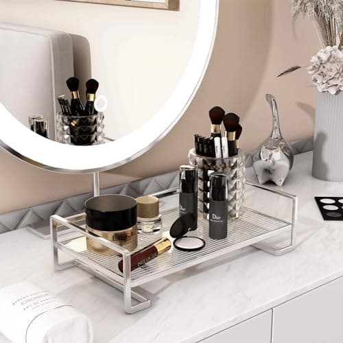 YIWANFW Bathroom Counter Tray- Silver Vanity Trays for Bedroom Dresser Top Organizer for Makeup Perfume Cosmetics Skincare Cologne, Decorative Tray Bathroom Organizers and Storage Toilet Tank Tray 8