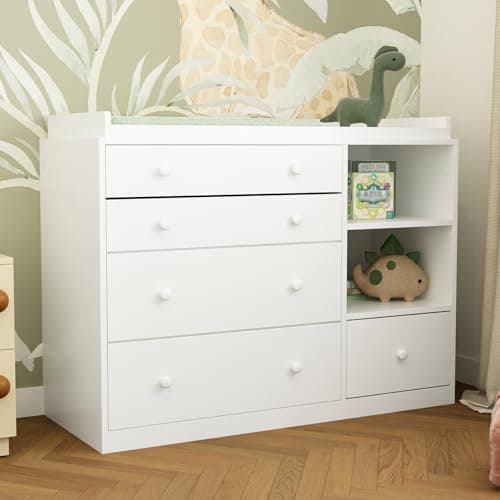 Timechee Changing Table Dresser, Baby Classic Nursery Dresser with 5 Drawers and 2 Shelves, Multi-Functional Baby Changing Table, Diaper Changing Station for Children's Room, White