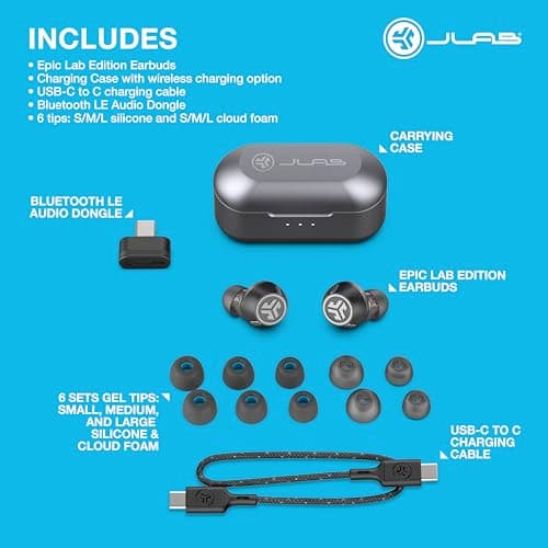 JLab Epic Lab Edition True Wireless Earbuds, Hybrid Dual Drivers, Spatial Audio, Multipoint BT, Wireless or USB-C Charging, Wear Detect Auto Play/Pause, Google Fast Pair 8