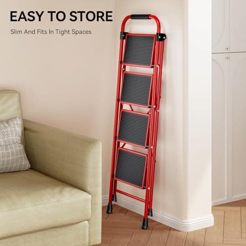 KINGRACK Step Ladder, Folding Ladder with Non-Slip and Wide Pedal, Small Ladders with Handle, Heavy Duty Steel Ladder, Lightweight Step Ladder (Red, 4 Step Ladder) 7