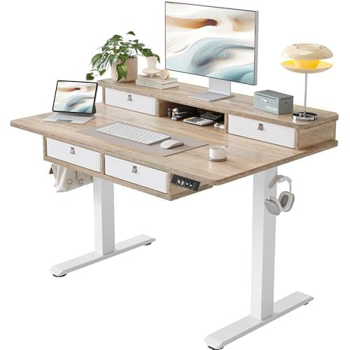 TIQLAB 48 * 28 Inch Standing Desk with Four Drawers, Electric Sit Stand Table, Stand Up Desk Adjustable Height with Storage Shelf, Splice Board, Maple