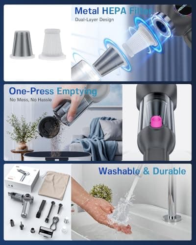 houscly Handheld Car Vacuum Portable Cordless 25000Pa High Power Small Mini Hand Vacuum Rechargeable 4-in-1 Wireless Handheld Vac for Car Office Desktop Home Cleaning Ideal Gifts for Men & Women 6