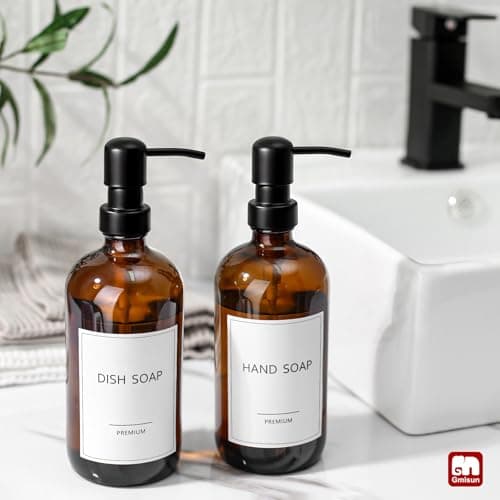 GMISUN Amber Glass Soap Dispenser, 2 Pack Bathroom Hand Soap Dispensers with Stainless Steel Pump, 17 Fl Oz Kitchen Hand and Dish Soap Dispenser Set, Modern Vintage Liquid Brown Soap Dispensers Bottle 5