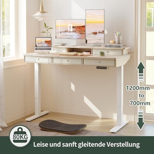 FEZIBO Height Adjustable Electric Standing Desk with 5 Drawers, 55 x 24 Inch Table with Storage Shelf, Sit Stand Desk White Frame/Light Walnut Top, 55 inch 5