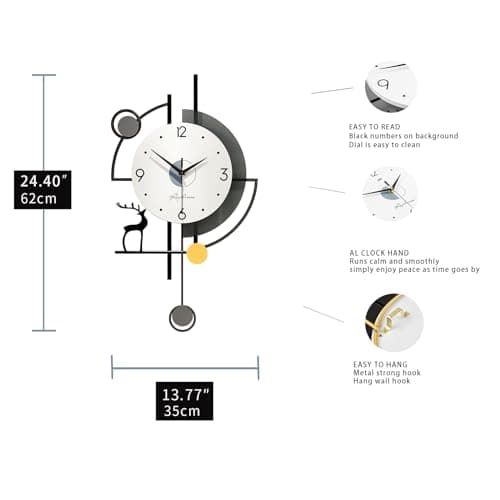 FLEBLE Large Wall Clocks for Living Room Decor Modern Pendulum Wall Clock Silent Quartz Battery Operated Non-Ticking for Bedroom Kitchen Office 24inch Black Metal Deer Clock Wall Decor for Home Indoor 5