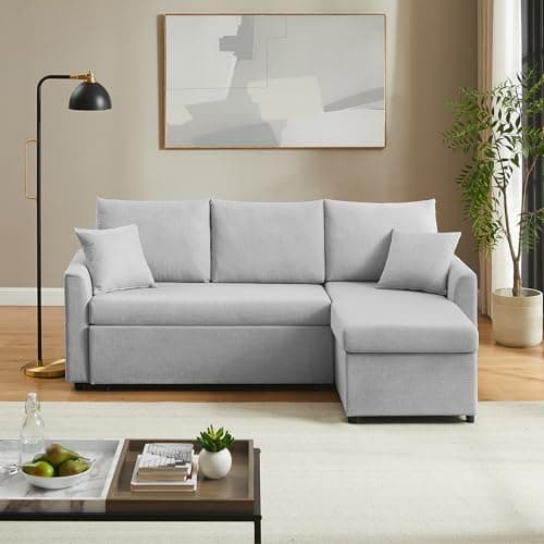 L Shaped Convertible Sleeper Sofa Bed, 84" Sectional Couch for Living Room - Dual USB-C Charging, Pull Out Bed, Reversible Chaise with Storage & Pockets, Removable & Washable Light Grey Linen Covers 7