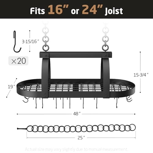 KES 48 Inch Large Hanging Pot Rack, Heavy Duty Oval Pot and Pan Hanging Rack Ceiling Mount, Pot Pan Hangers for Kitchen with 20 Hooks, Matte Black, (For 16" and 24" Joist Mount), KUR225S122-BK 7