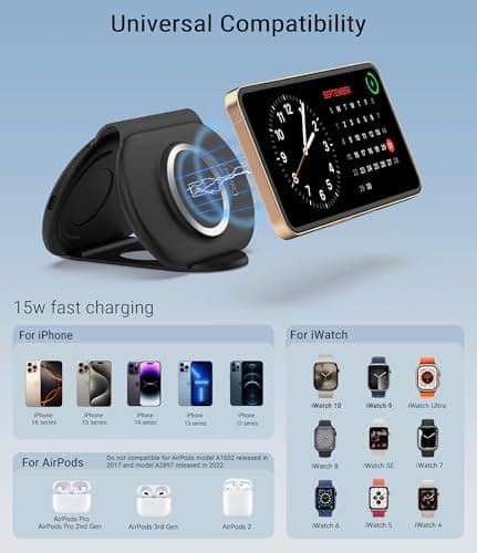 Consasy 3 in 1 Wireless Charging Station, Magnetic Wireless Charger, Foldable Charger 3 in 1, Travel Charger for iPhone 16/15/14/13/12 Series, AirPods Pro/3/2, iWatch 2-10/Ultra (Adapter Included) 5