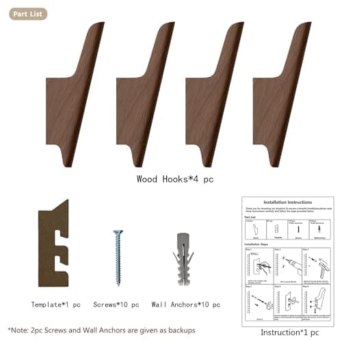 FCOWK Wood Wall Hooks 4 Pack Coat Hooks Wall Mount Walnut Wooden Hooks for Hanging Hat, Bag, Backpack, Rustic Coat Hooks for Wall, Wood Towel Hooks for Bathrooms and Entryway Hooks (Walnut, Dark) 9