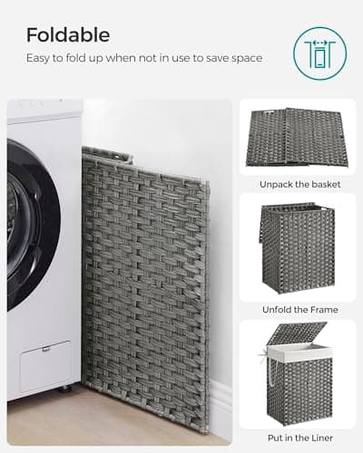 SONGMICS Laundry Hamper with Lid, 23.8 Gallon (90 L) Synthetic Rattan Clothes Laundry Basket with Lid and Handles, Foldable, Removable Liner, Dove Gray ULCB51WG 9