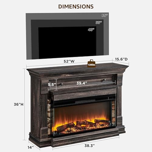 OKD 52 Inch Electric Fireplace with Mantel, Fireplace TV Stand with 36" 3-Sided Glass Electric Fireplace Heater for Living Room, Dark Rustic Oak 7