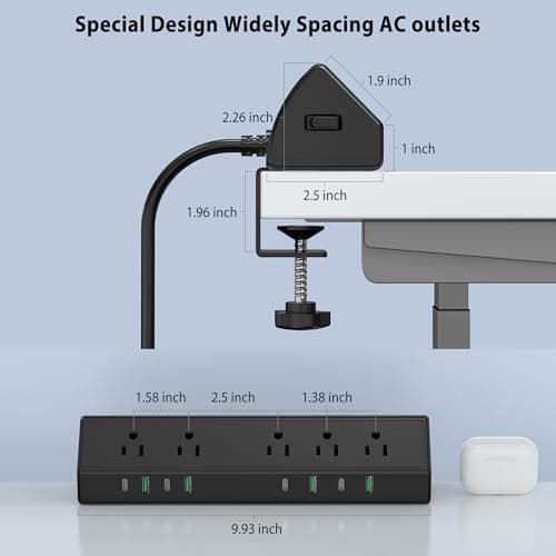 Jgstkcity Desk Clamp Power Strip,45W Fast Charging Station,4 USB-C,4 USB-A,Desk Mount Surge Protector,1875W Extension Cord with Multiple Outlets,ETL Listed,for Home Office Dorm Room 7