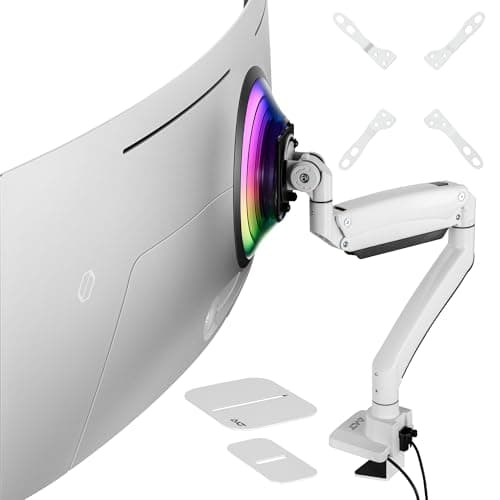 AVLT Single 17"-57" Super Ultrawide Monitor Arm for Screens Up to 59.5 lbs, Premium Aluminum Desk Stand, Adjustable Pneumatic Height, Full Motion Swivel Tilt Rotation, USB-C & USB-A Ports, White