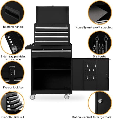 BIG RED ATBT1204R-BLACK-2 Torin Rolling Garage Workshop Tool Organizer: Detachable 4 Drawer Tool Chest with Large Storage Cabinet and Adjustable Shelf, Black 7