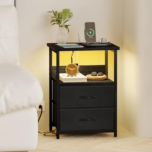 Fixwal Night Stand with Charging Station, LED Nightstand with U-S-B Ports and Outlets, 2 Fabric Storage Drawers with PU Finish, Small Bedside Table, Black 6