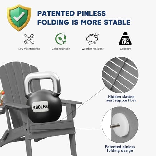 Plawdlik Folding Adirondack Chair, SGS Tested, Wooden Textured with Cup Holder, Heavy All-Weather HDPE Comfortable Set Poolside Backyard Lawn Grey 8