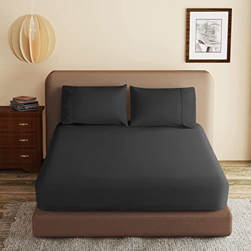 100% Egyptian Cotton Fitted Sheet King Size Black, 600 Thread Count, 8-16" Deep Pocket Sheet, Soft & Elastic Sateen Weave Bottom Sheet for Hotel & Home (Black, 1 Pack King,Fitted Sheet Only)