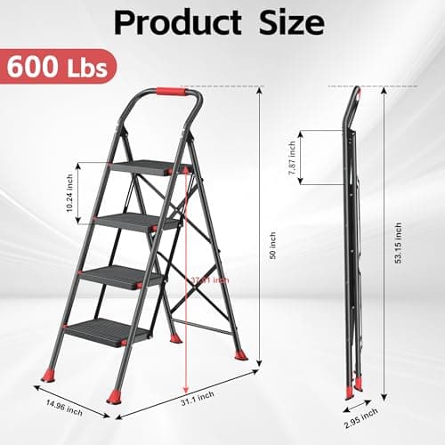Step Ladder Foldable Folding Stool - for Home Adults Kitchen 4 Stepping Extension Tall Heavy Duty with Handrails - Closet Stepstool Stair Ladders Extendable Stepladder for Indoor House 600Lbs 7