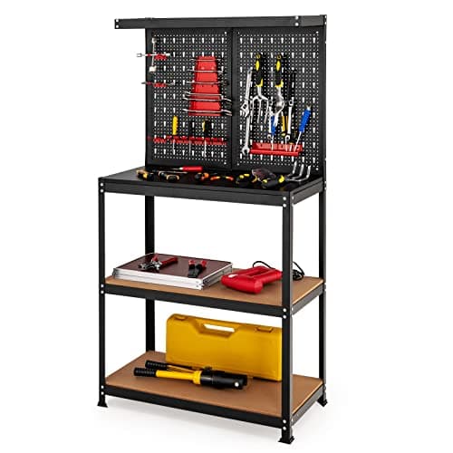 S AFSTAR Work Bench with Pegboard, 32" x 16" Metal Workbench with 2 Lower Shelves & 14 Hanging Accessories, Heavy-Duty Tool Bench for Garage, Workshop & Warehouse