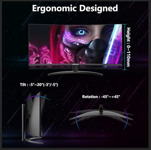 ZER-LON 34 Inch Curved Gaming Monitor, 3440x1440 165Hz Ultrawide Computer Monitor, Tilt/Height/Pivot Adjustment, HDR400 1500R -PIP 1ms(MPRT) ‌99% sRGB, DCI-P3 95%, HDMI2.0 X2, DP1.4 X2 Port 7