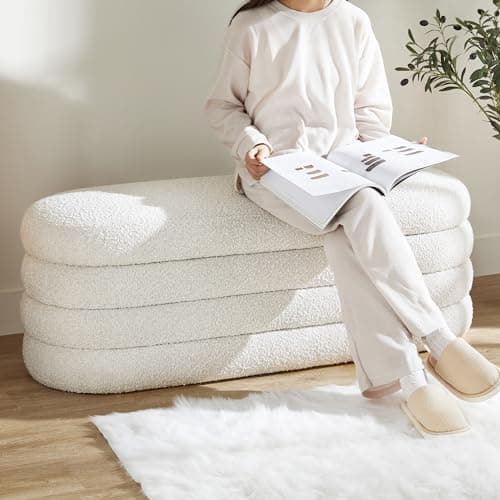 BFD Storage Ottoman Bench 49.2 Inch Upholstered Fabric End of Bed Storage Bench Aesthetic Large Foot of Bed Storage Bench for Bedroom Living Room Entryway (Ivory) 6