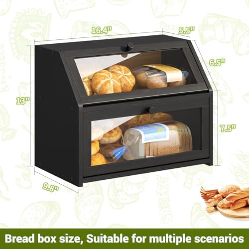 BMOSU Farmhouse Bread Box for Kitchen Countertop Bread box Double Layer Bamboo Wooden Extra Large Capacity Bin Kitchen Food Storage Container(Black) 7