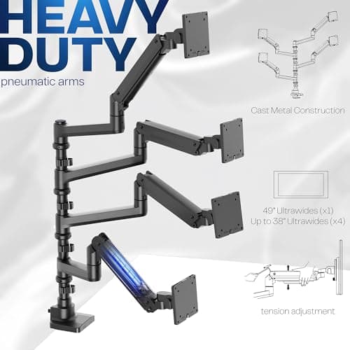 VIVO Pneumatic Arm Quad Ultrawide Monitor Extra Tall Desk Mount for Up to 49 inch Screens Individual Arm Capacity, Max 38 inch Screens for 4 Ultra Wides Up to 44 lbs, Black, STAND-V400D 5