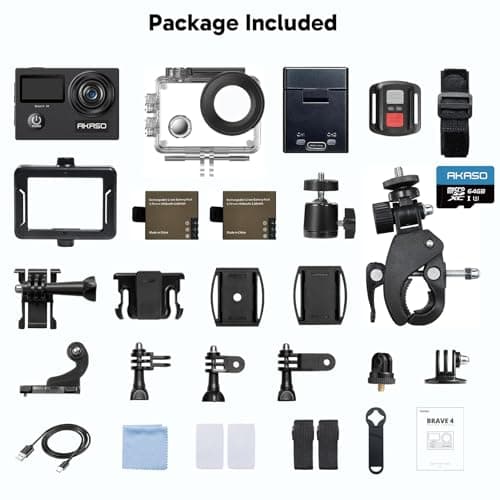 AKASO Brave 4 Action Camera 4K 30fps with 64GB MicroSD U3 Card Bicycle Helmet Accessories Kit Bundle, 20MP Ultra HD 131FT Waterproof Underwater Camera EIS WiFi Remote Control 5X Zoom Sport Cameras 9