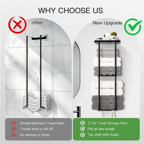 KISENG Towel Racks for Bathroom, 3 Tier Metal Towel Holder, with Shelf & 6 Hooks, 29 inch Wall Mounted Towel Storage, 6 Large Bath Towels Capacity,Small Bathroom Towel Rack for Rolled Towels, Black 5