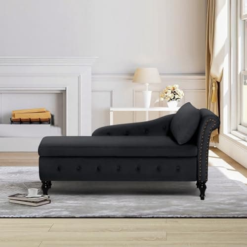 ACMEASE Chaise Lounge with Right Armrest & Lumbar Pillow,Button Tufted Lounge Sofa with Storage,Lounge Chair Indoor,Modern Upholstered Velvet Lounge Chair for Bedroom, Living Room and Office,Black 5
