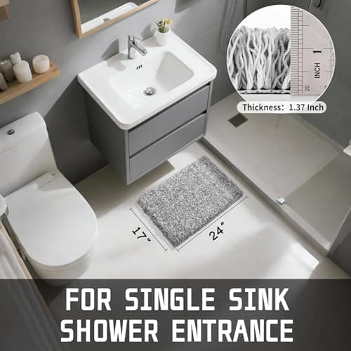 Yimobra Bathroom Rugs Non Slip Washable, Ultra Soft and Water Absorbent Bath Mats, Plush Fluffy Shower Mat Outside, Microfiber Thick Matts for Bathroom Floor/Sink, 24x17, Light Gray and White 6