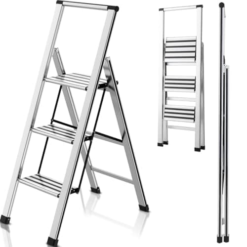 Step Ladder 3 Step Folding Aluminum Small Step Stool with Handle for Kitchen Closet, 4Ft Foldable Steping Stool for Adults Seniors, Wide Anti Slip Pedal, 300lbs Lightweight Portable Ladders for Home