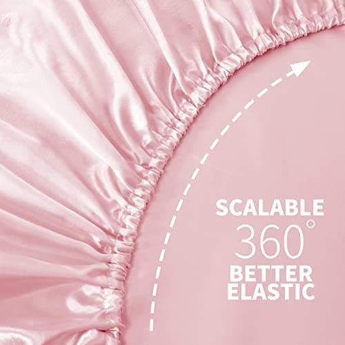 NSGZ Satin Fitted Sheet Queen, Single Silky Fitted Sheet Only Soft Deep Pocket Bottom Bed Sheets, Wrinkle Free & Fade Resistant & Breathable Bottom Sheets- Pink 5