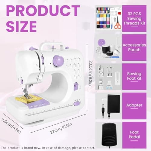 Mini Sewing Machine for Home Use, 12 Stitch Patterns, LED Light & Foot Pedal, 2-Speed Portable Electric Sewing Machine with 32 Spools Thread Kit for Beginners, Kids & Adults 6