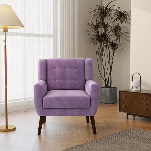 Accent Chair, Mid-Century Modern Velvet Fabric Chairs with Arms for Living Room, Comfy Upholstered Club Single Sofa Armchair for Bedroom Waiting Room with Solid Wood Frame (Velvet Purple, Set of 1) 6