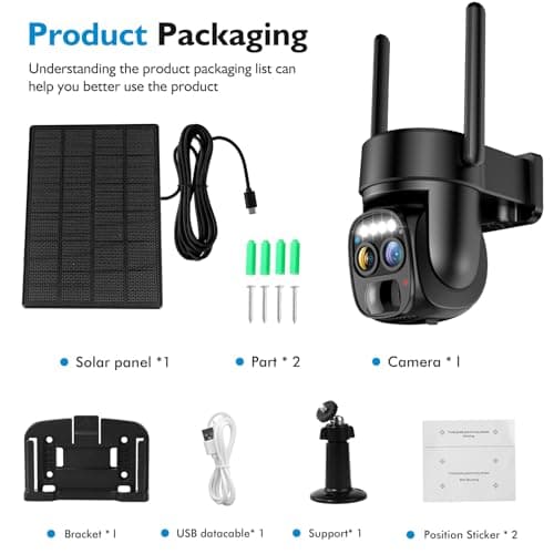 Hawkray Pannel Solar Wireless Outdoor Security Camera， Dual-Lens, 10xZoom, 2K Resolution 3MP 360°Pan/Tilt，2.4&5G WiFi Battery Powered Camera with Spotlight Alarm PIR Motion Detection 8