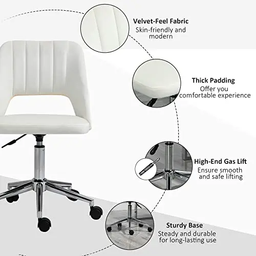 Vinsetto Modern Mid Back Office Chair with Velvet Fabric, Swivel Computer Armless Desk Chair with Hollow Back Design for Home Office, Cream White 7