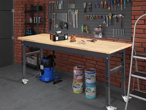 60" Adjustable Work Bench, Rubber Wood Top Workbench Heavy-Duty Work Table with Power Outlet and Wheels, 2000 LBS Load Capacity Hardwood Work Benches for Garage, Workshop, Home, Office, Easy Assembly 9