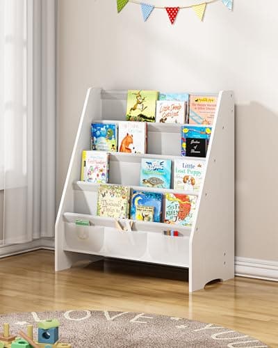 SEIRIONE Sturdy Kids Bookshelf,4-Tier Book Shelf for Kids Room with Tear-Proof Oxford Fabric-Nursery Room Playroom Classroom,Deep Slings to Keep Books Upright,Ideal Height for Toddler Age 3+, White