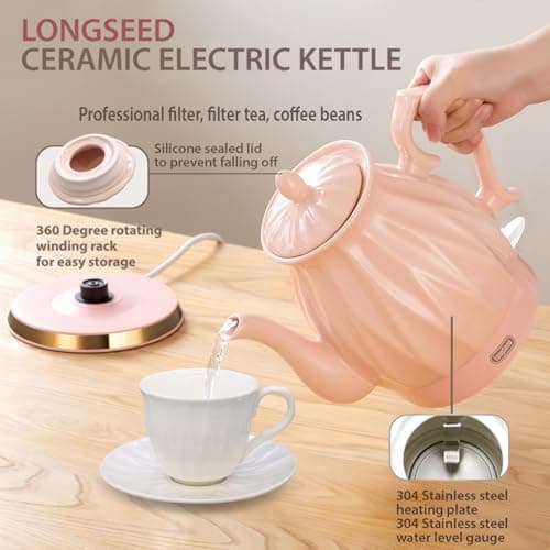 LONGSEED Ceramic Electric Kettle, 1.5L/1200W Boil Water Quickly and Easily with Boil-Dry Protection Auto Shut Off, Detachable Swivel Base, Diamond Cut Glazed 6