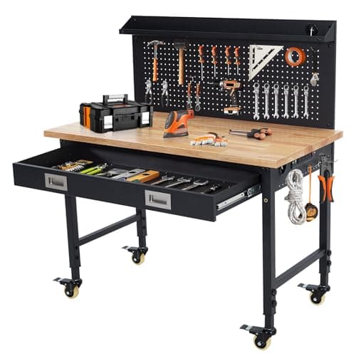 ACONEE 48"x 24" Workbench for Garage, Heavy Duty Workstation with Drawer Storage, Backplate, 2000LB Load Capacity, Multipurpose Rubber Wood Shop Table with Power Outlets, Hooks, Hardwood Workbench 7