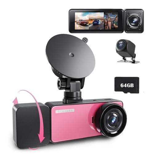 3 Channel 2.5K Dash Cam Front and Rear Inside, 360 Camera for Car, 3.18" IPS Screen, Night Vision, G-Sensor, Parking Mode, 64G Micro SD Card (Pink)