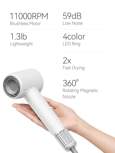 Tideway Hair Dryer, Blow Dryer with Diffuser, Ionic Professional High-Speed 1500W Low-Noise, 110,000 RPM Brushless Motor, Fast Drying, Travel Compact for Women & Men (White) 7