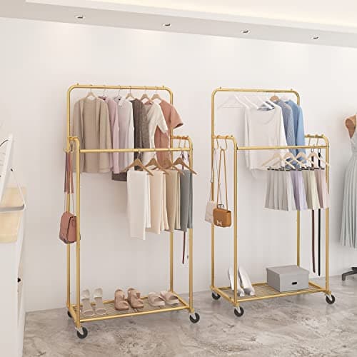 Simple Trending Double Rod Clothes Garment Rack, Heavy Duty Clothing Rolling Rack on Wheels for Hanging Clothes,with 4 Hooks, Gold 6