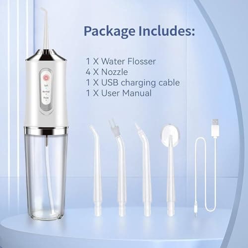 Water-Flosser-Cordless-Teeth-Cleaner MAKJUNS Water Dental Flosser with 3 Modes 4 Jets Rechargeable IPX7 Waterproof for Travel Home Braces(White) 6
