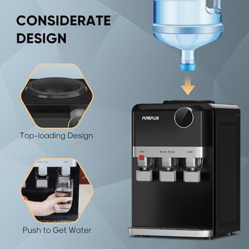 PUREPLUS Top Loading Water Cooler Dispenser, Countertop Water Cooler for 3 or 5 Gallon Bottles, Hot & Cold Water, 3 Temperature Settings, Child Safety Lock, Removable Drip Tray for Home, Office 8