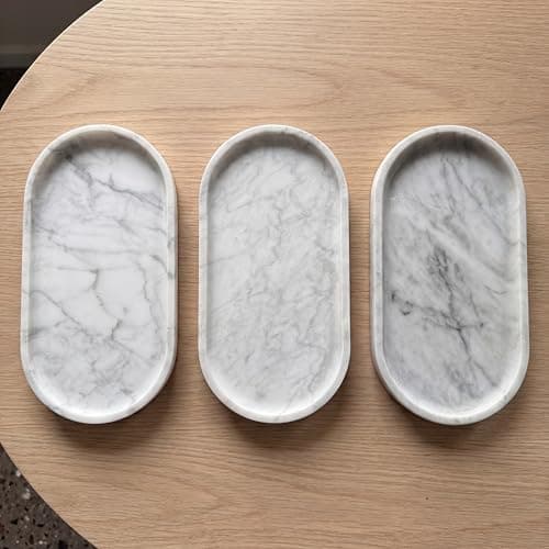 YKAJO 11.6" x 5.9" Oval Real Marble Tray for Bathroom & Kitchen Counter — 100% Natural Stone Decorative Vanity Tray for Dresser & Perfume — Heavy Catchall Organizer for Soap & Jewelry, White Gray 13